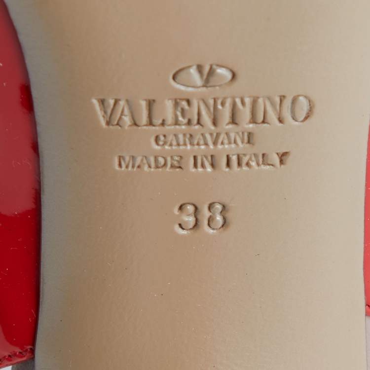 Pre Owned Valentino Red/Pink Patent Leather Rockstud Ankle Strap Pumps Size 38