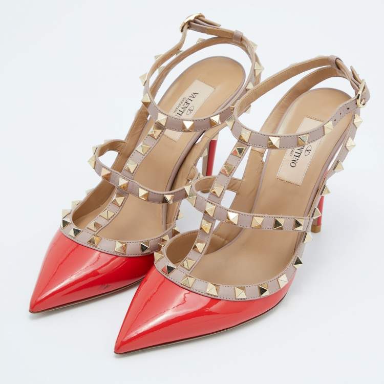 Pre Owned Valentino Red/Pink Patent Leather Rockstud Ankle Strap Pumps Size 38