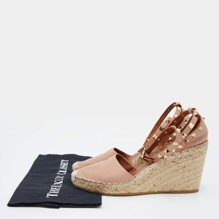 Pre Owned Valentino Blush Pink Leather Rockstud Ankle Strap Wedge Espadrille Sandals Size 39