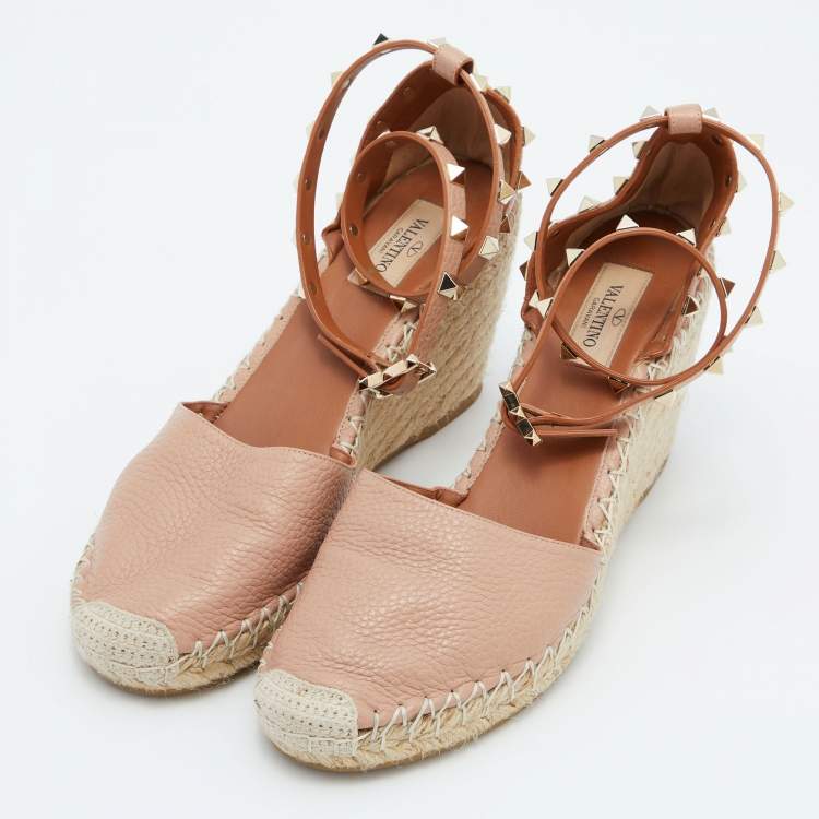Pre Owned Valentino Blush Pink Leather Rockstud Ankle Strap Wedge Espadrille Sandals Size 39