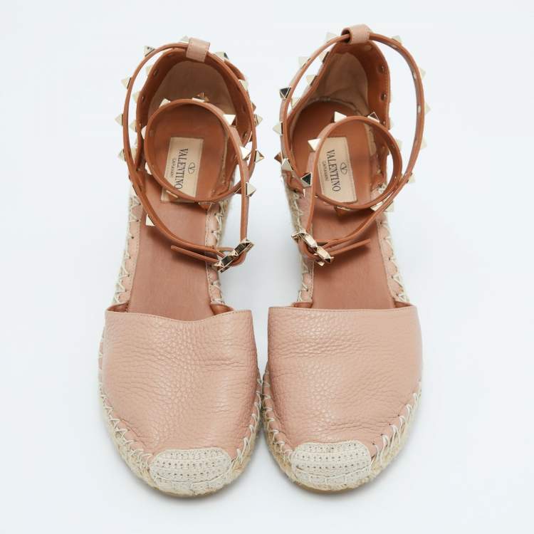 Pre Owned Valentino Blush Pink Leather Rockstud Ankle Strap Wedge Espadrille Sandals Size 39