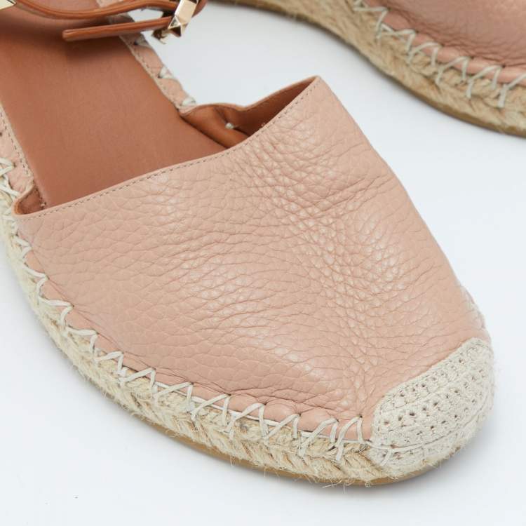 Pre Owned Valentino Blush Pink Leather Rockstud Ankle Strap Wedge Espadrille Sandals Size 39