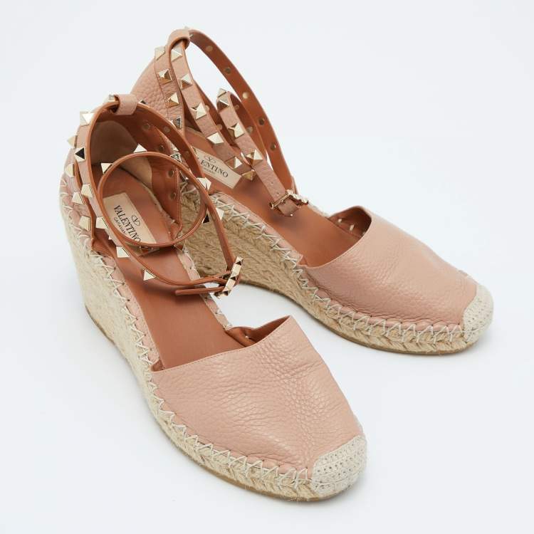 Pre Owned Valentino Blush Pink Leather Rockstud Ankle Strap Wedge Espadrille Sandals Size 39