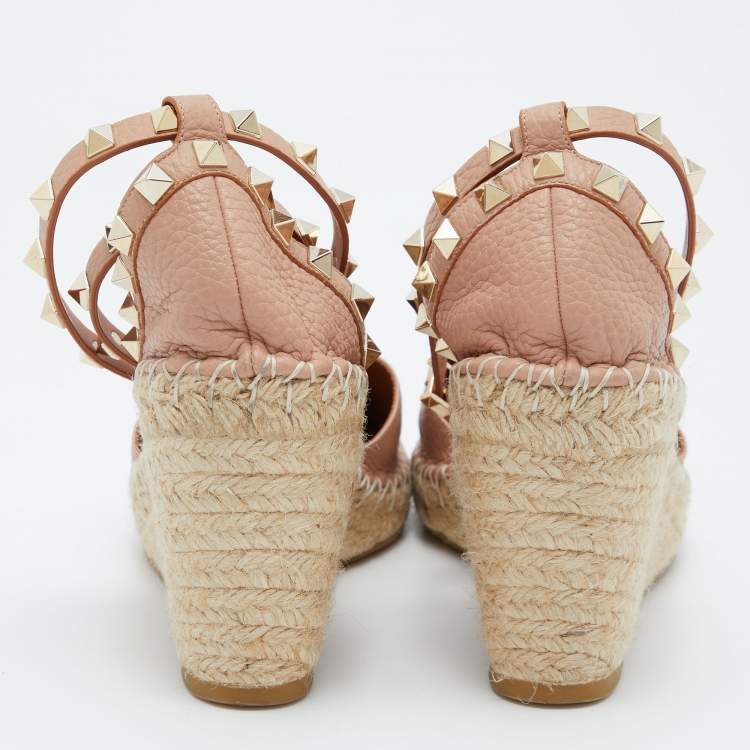 Pre Owned Valentino Blush Pink Leather Rockstud Ankle Strap Wedge Espadrille Sandals Size 39