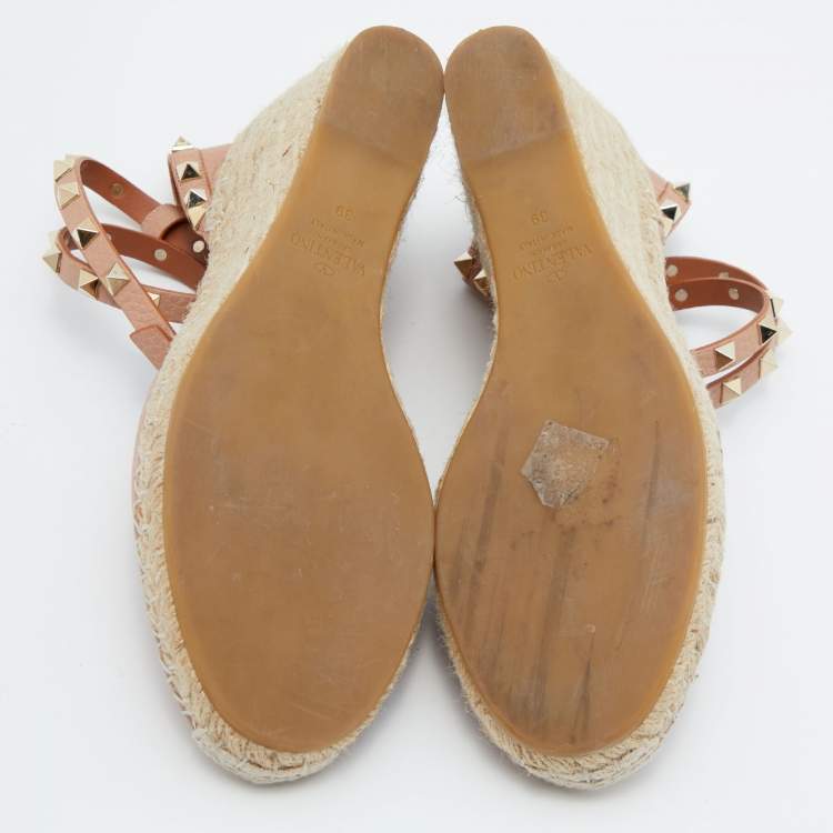 Pre Owned Valentino Blush Pink Leather Rockstud Ankle Strap Wedge Espadrille Sandals Size 39
