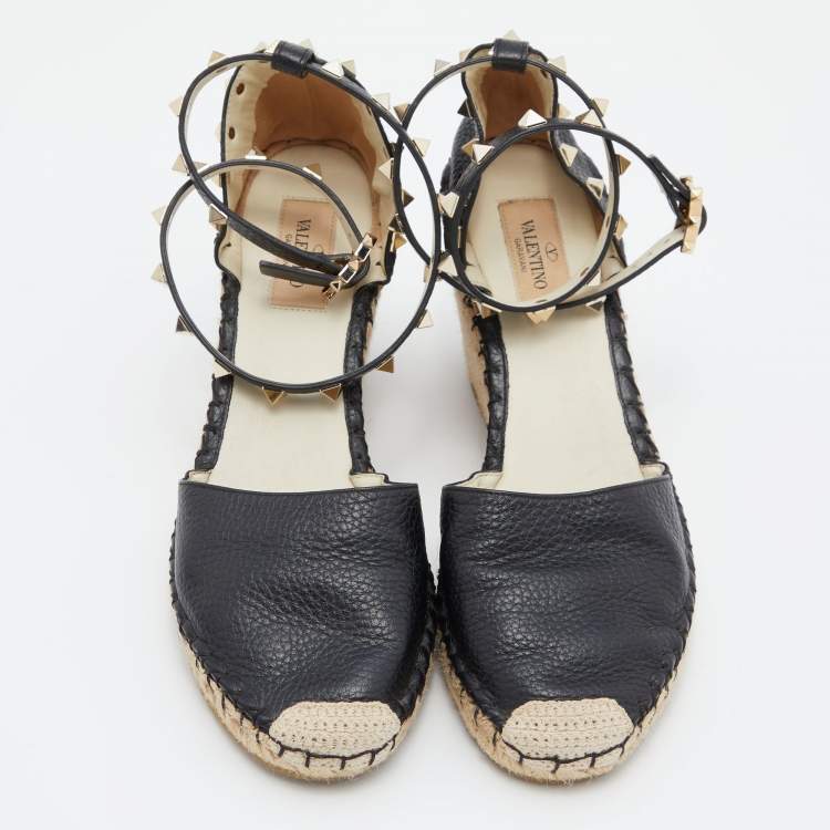 Pre Owned Valentino Black Leather Rockstud Ankle Strap Wedge Espadrille Sandals Size 39