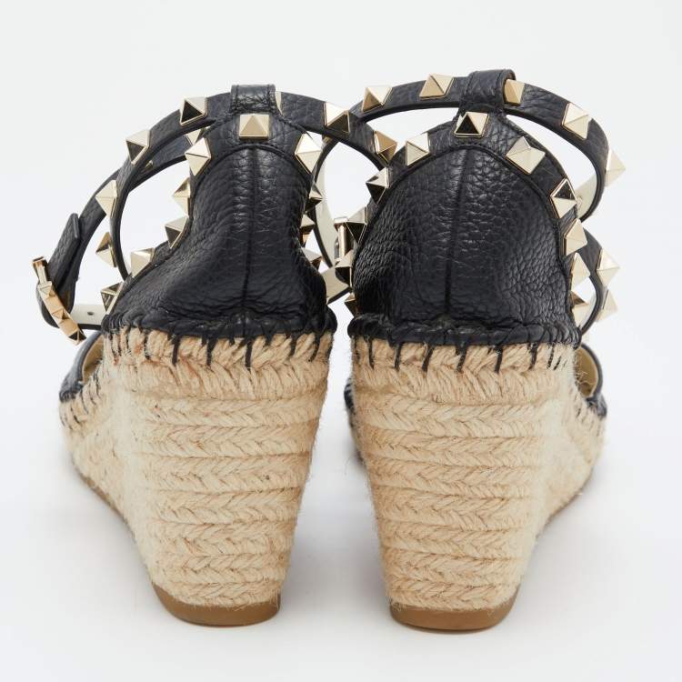 Pre Owned Valentino Black Leather Rockstud Ankle Strap Wedge Espadrille Sandals Size 39