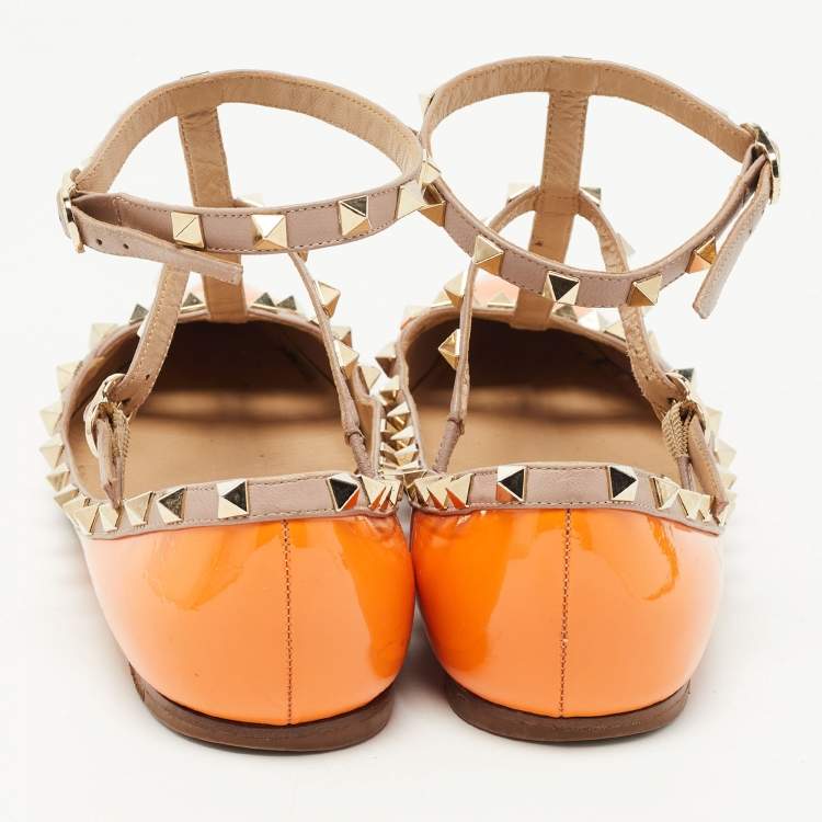 Pre Owned Valentino Orange Patent Leather Rockstud Ankle Strap Ballet Flats Size 39