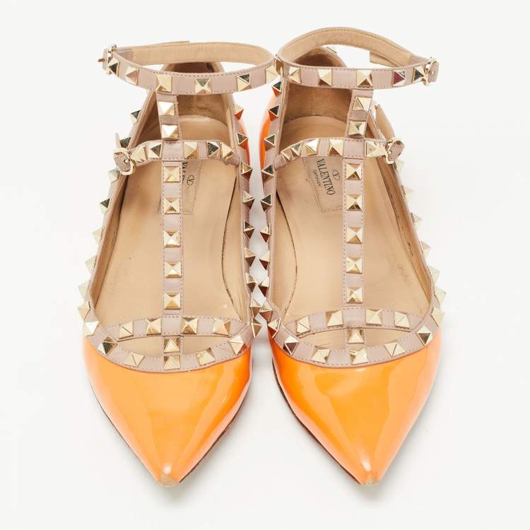 Pre Owned Valentino Orange Patent Leather Rockstud Ankle Strap Ballet Flats Size 39