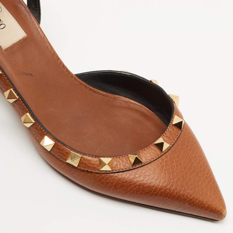 Pre Owned Valentino Brown Leather Rockstud Slingback Pumps Size 36.5