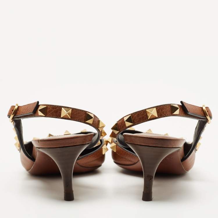 Pre Owned Valentino Brown Leather Rockstud Slingback Pumps Size 36.5