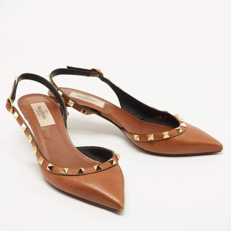 Pre Owned Valentino Brown Leather Rockstud Slingback Pumps Size 36.5
