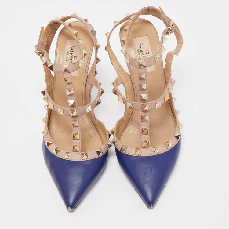 Pre Owned Valentino Blue/Dusty Pink Leather Rockstud Ankle Strap Pumps Size 37.5