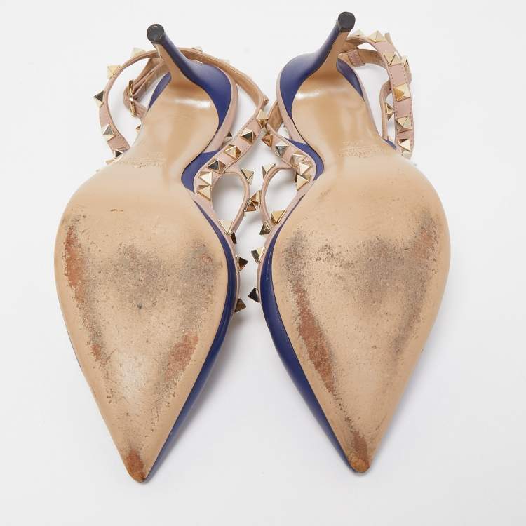 Pre Owned Valentino Blue/Dusty Pink Leather Rockstud Ankle Strap Pumps Size 37.5