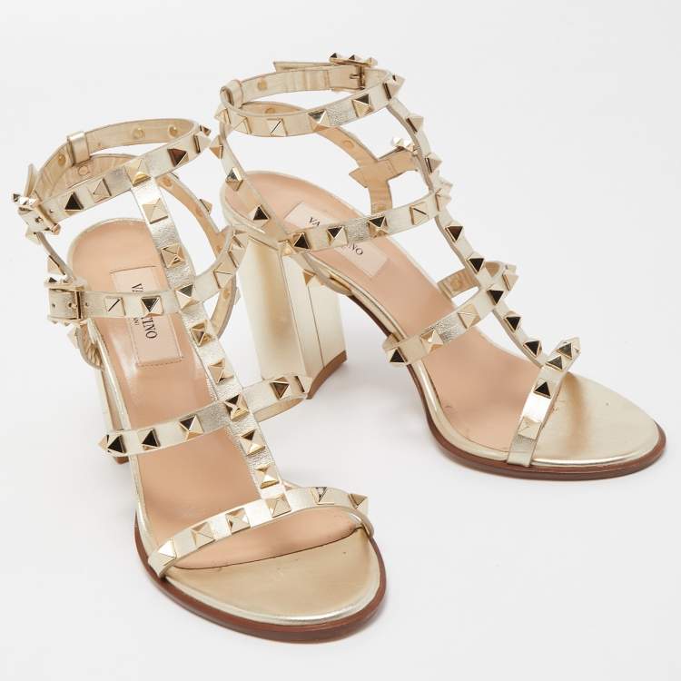 Pre Owned Valentino Gold Foil Leather Rockstud Strappy Block Heel Sandals Size 37