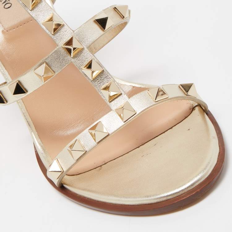 Pre Owned Valentino Gold Foil Leather Rockstud Strappy Block Heel Sandals Size 37