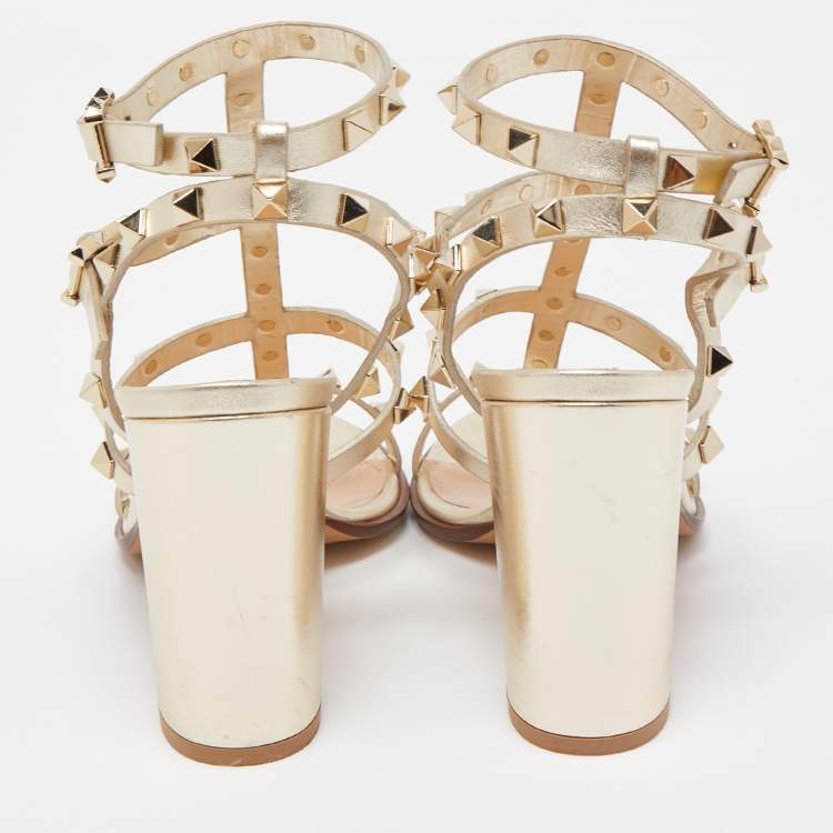 Pre Owned Valentino Gold Foil Leather Rockstud Strappy Block Heel Sandals Size 37