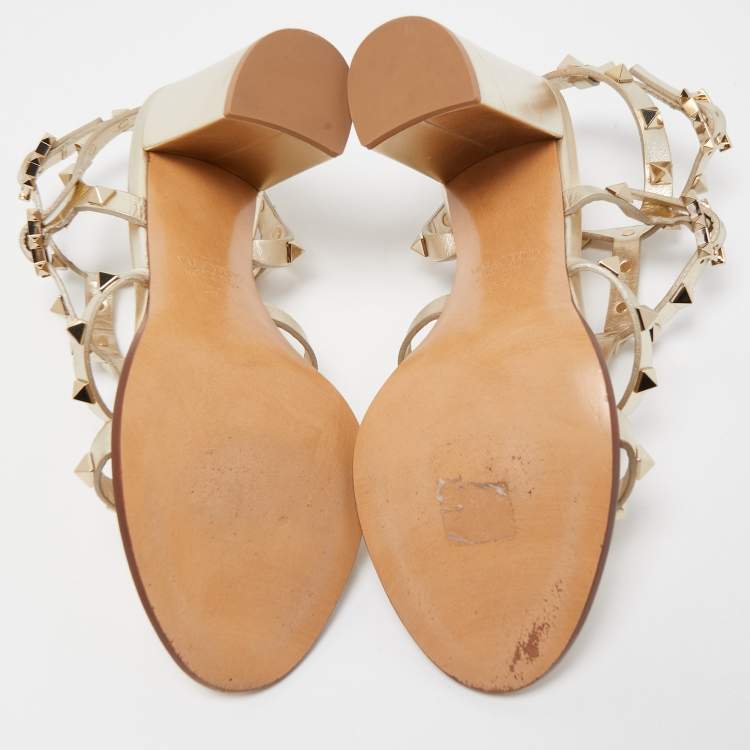 Pre Owned Valentino Gold Foil Leather Rockstud Strappy Block Heel Sandals Size 37
