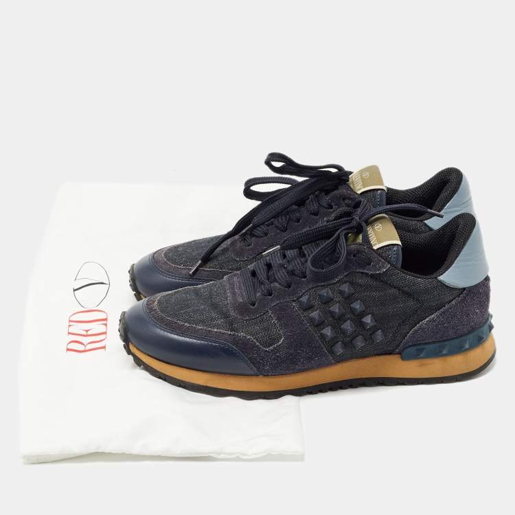 Pre Owned Valentino Navy Blue Denim and Leather Rockstud Sneakers Size 36.5
