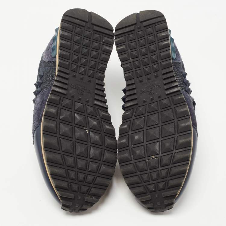 Pre Owned Valentino Navy Blue Denim and Leather Rockstud Sneakers Size 36.5