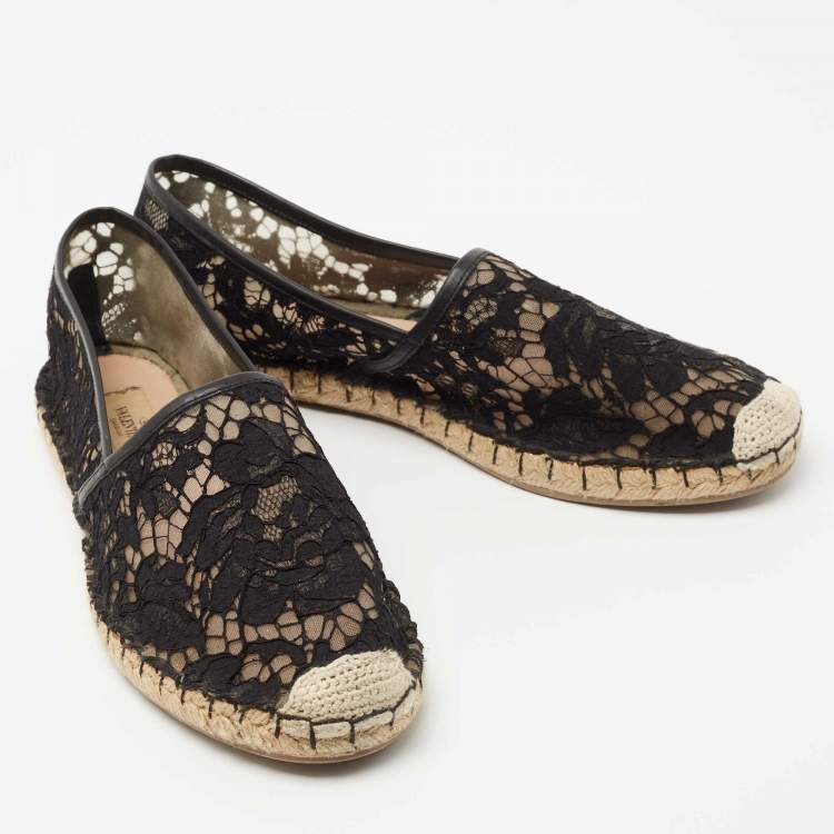 Pre Owned Valentino Black Lace Espadrille Flats Size 41