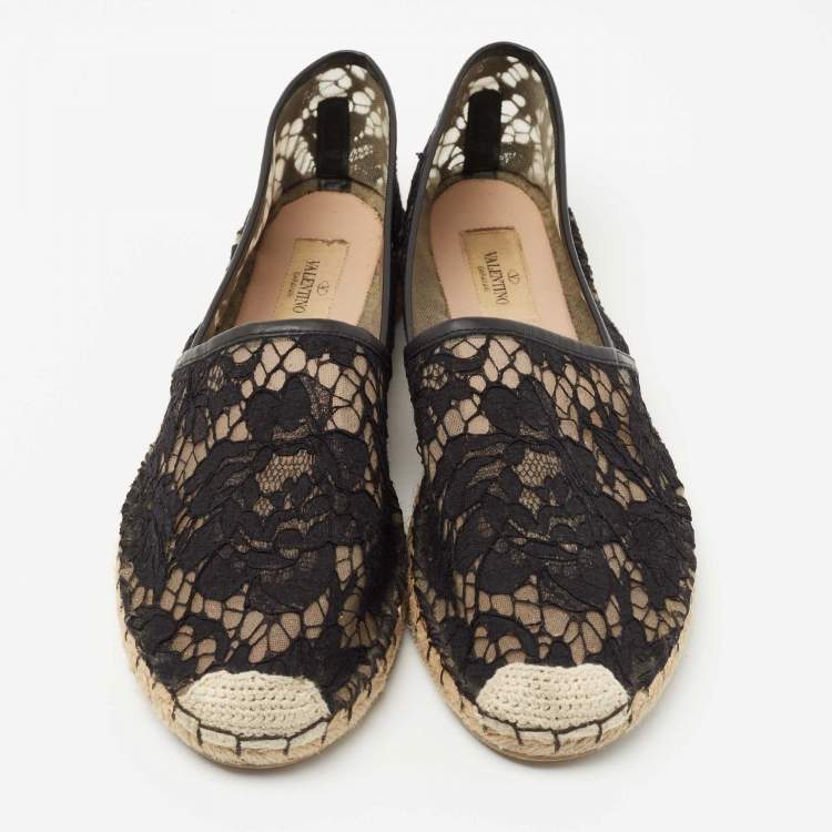 Pre Owned Valentino Black Lace Espadrille Flats Size 41