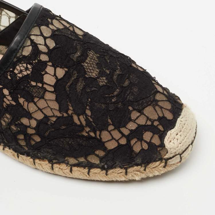 Pre Owned Valentino Black Lace Espadrille Flats Size 41