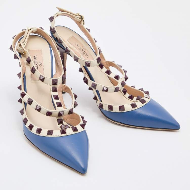 Pre Owned Valentino Blue/White Leather Rockstud Ankle Strap Pumps Size 37