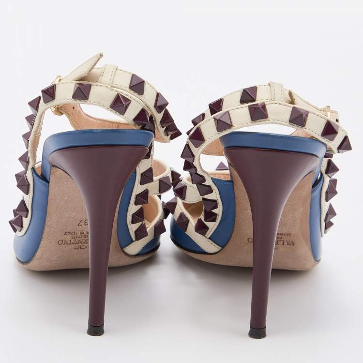 Pre Owned Valentino Blue/White Leather Rockstud Ankle Strap Pumps Size 37