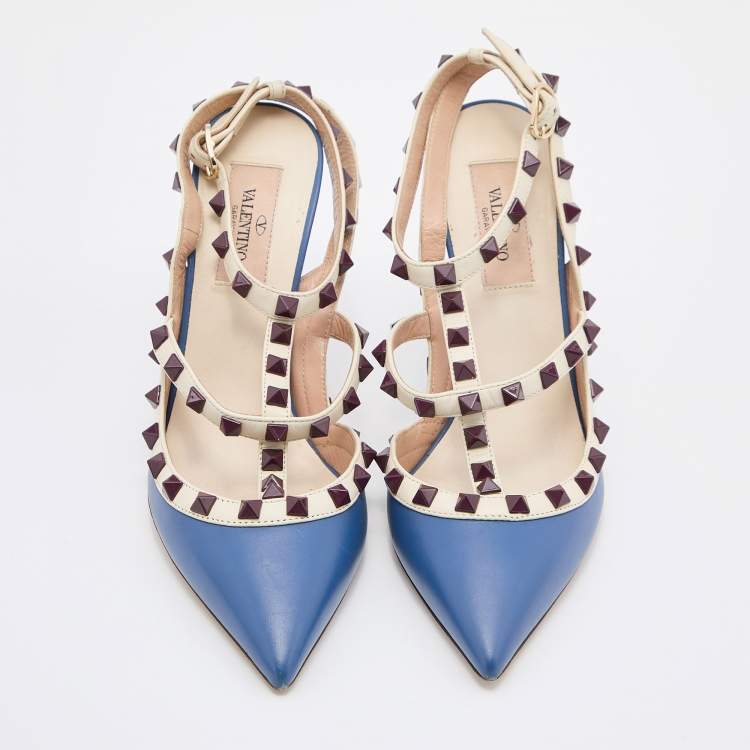 Pre Owned Valentino Blue/White Leather Rockstud Ankle Strap Pumps Size 37