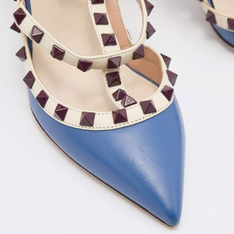 Pre Owned Valentino Blue/White Leather Rockstud Ankle Strap Pumps Size 37
