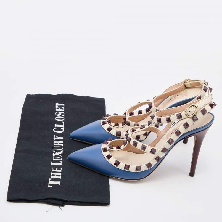 Pre Owned Valentino Blue/White Leather Rockstud Ankle Strap Pumps Size 37