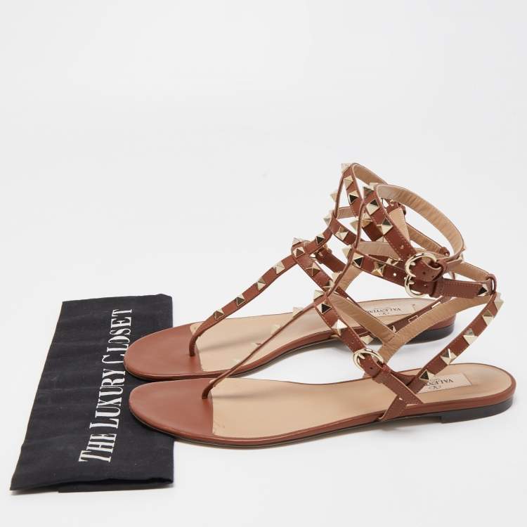 Pre Owned Valentino Brown Leather Rockstud Caged Flats Size 40
