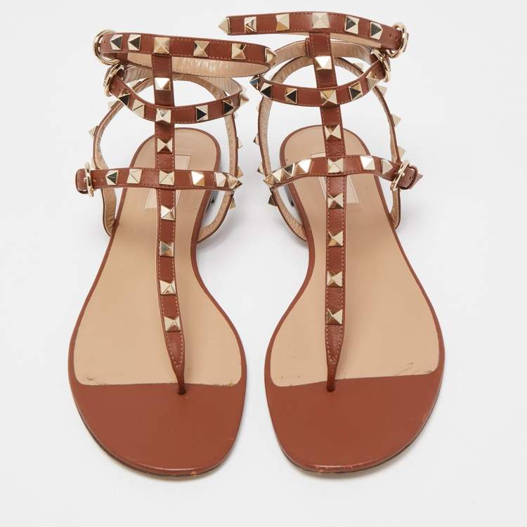 Pre Owned Valentino Brown Leather Rockstud Caged Flats Size 40