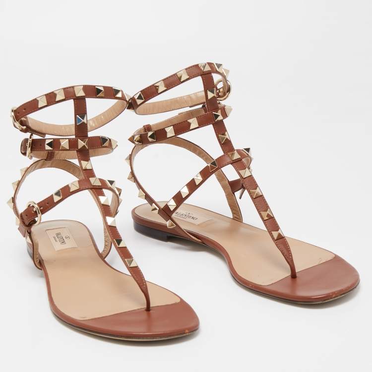 Pre Owned Valentino Brown Leather Rockstud Caged Flats Size 40