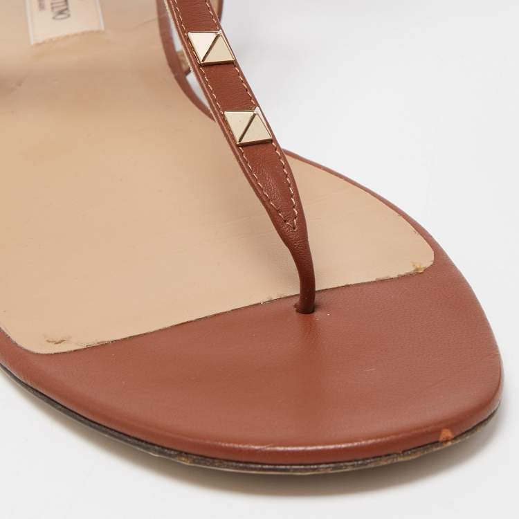Pre Owned Valentino Brown Leather Rockstud Caged Flats Size 40