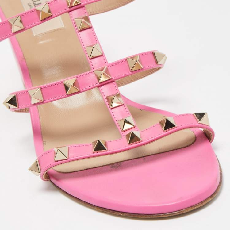 Pre Owned Valentino Pink Leather Rockstud Slide Sandals Size 40