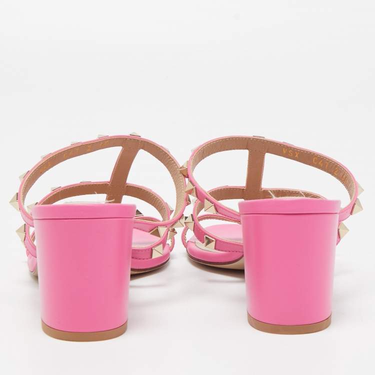 Pre Owned Valentino Pink Leather Rockstud Slide Sandals Size 40