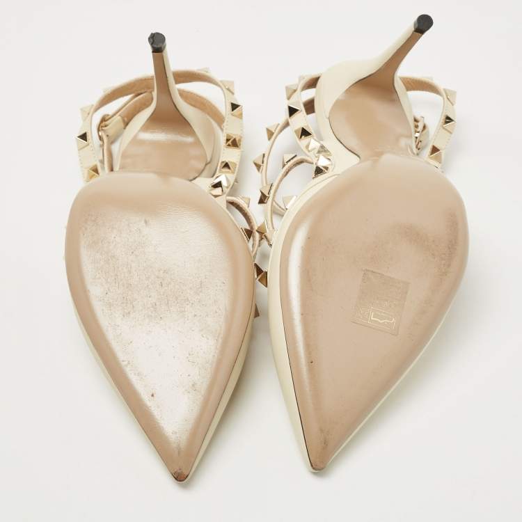 Pre Owned Valentino Cream Leather Rockstud Ankle Strap Pumps Size 39