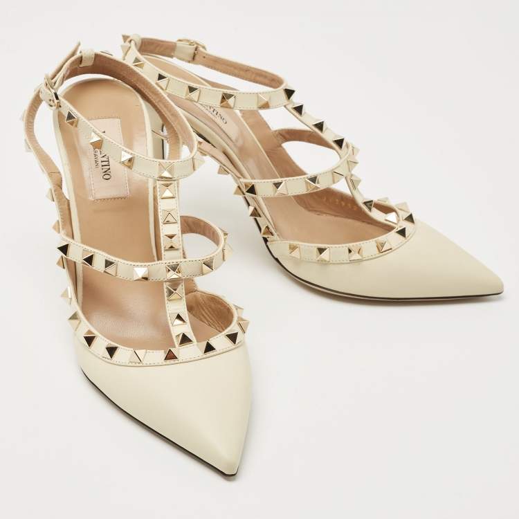 Pre Owned Valentino Cream Leather Rockstud Ankle Strap Pumps Size 39