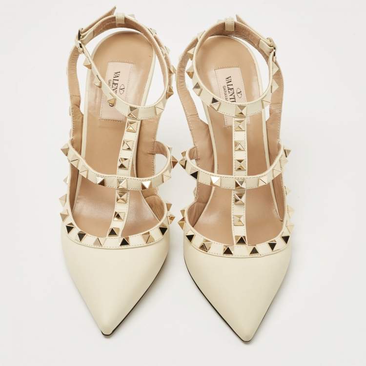 Pre Owned Valentino Cream Leather Rockstud Ankle Strap Pumps Size 39