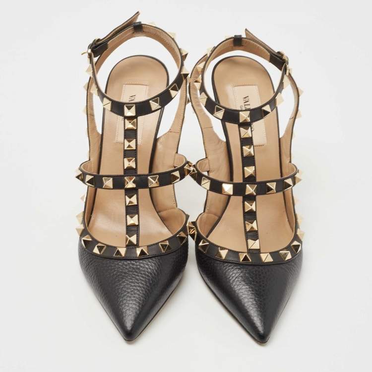Pre Owned Valentino Black Leather Rockstud Ankle Strap Pumps Size 37