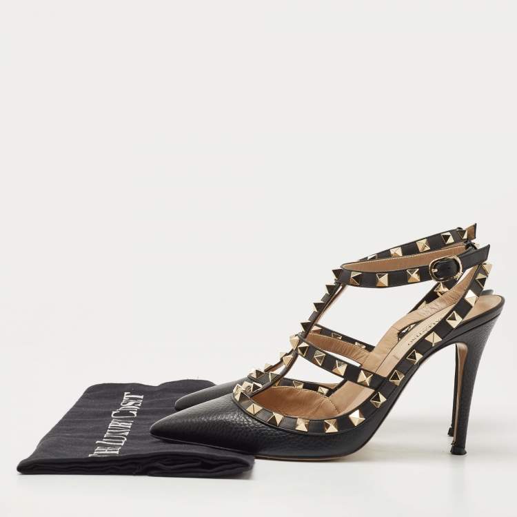 Pre Owned Valentino Black Leather Rockstud Ankle Strap Pumps Size 37