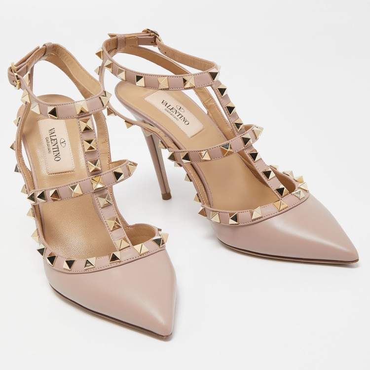 Pre Owned Valentino Dusty Pink Leather Rockstud Ankle Strap Pumps Size 37