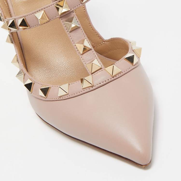Pre Owned Valentino Dusty Pink Leather Rockstud Ankle Strap Pumps Size 37