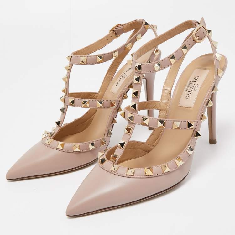 Pre Owned Valentino Dusty Pink Leather Rockstud Ankle Strap Pumps Size 37
