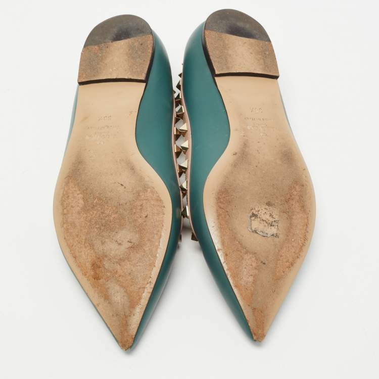 Pre Owned Valentino Teal Green Leather Rockstud Ballet Flats Size 38.5