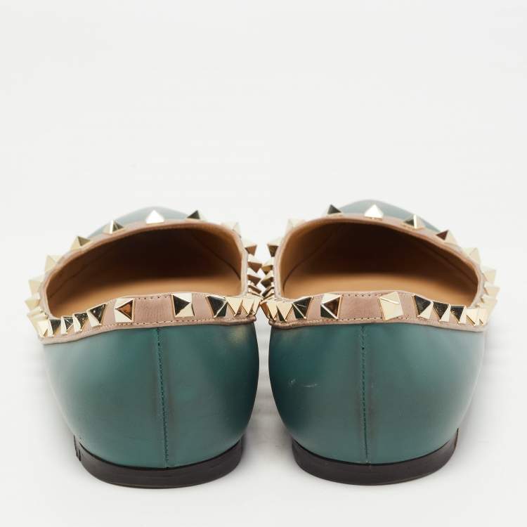 Pre Owned Valentino Teal Green Leather Rockstud Ballet Flats Size 38.5