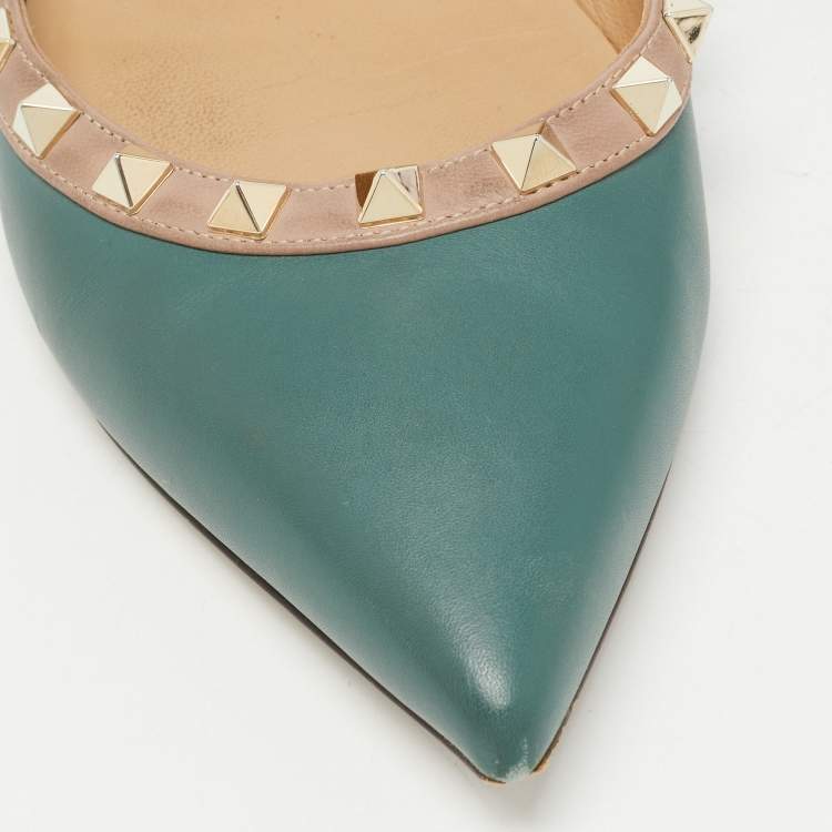 Pre Owned Valentino Teal Green Leather Rockstud Ballet Flats Size 38.5