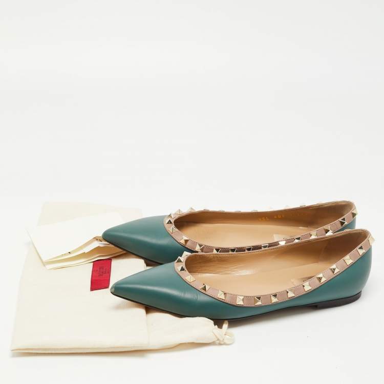Pre Owned Valentino Teal Green Leather Rockstud Ballet Flats Size 38.5